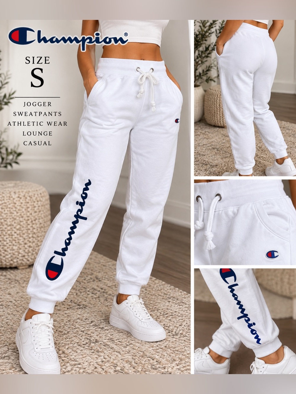 Champion White Logo Jogger Sweatpants Size Small